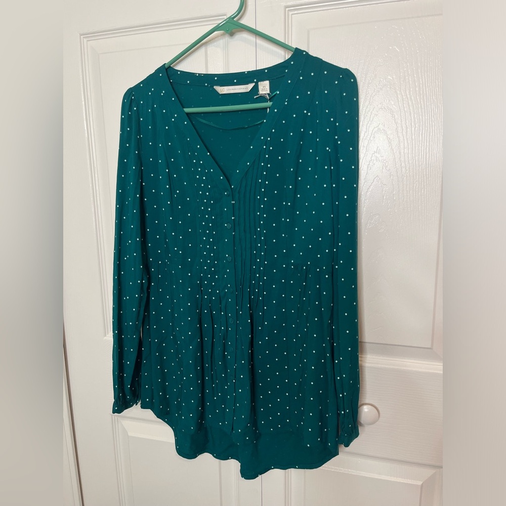 Lauren Conrad Green Polka Dot V Neck Long Balloon Sleeve Blouse Women's XS NWT